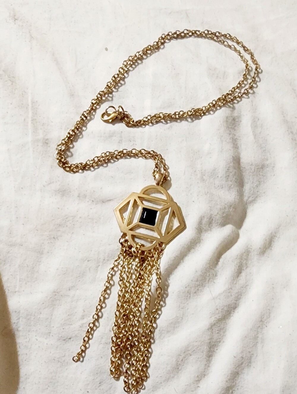 Gold Tassel Pendant Necklace with Black Stone